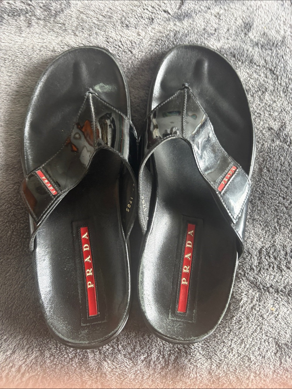 Prada Black Patent Thong Sandals with Red Logo Tabs